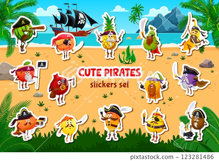 Cartoon pirate and corsair fruit characters stickers pack. Watermelon, orange, pineapple and pear, banana, apple fruit funny pirate sailors funny personages on treasure island shore vector stickers Cartoon pirate and corsair fruit characters stickers pack. Watermelon, orange, pineapple and pear, banana, apple fruit funny pirate sailors funny personages on treasure island shore vector stickers 123281486