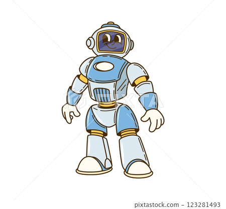 Groovy robot character or retro cartoon transformer droid with funny face, vector comic. Groovy retro robot or space android and cyborg bot with helmet head and display face with happy funny smile 123281493