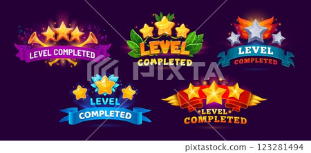 Level complete game asset icons, level up vector badges, award and reward medals. Cartoon gold and stone stars icons set with fire flames, confetti and fanfare, green leaves and ribbon banners 123281494
