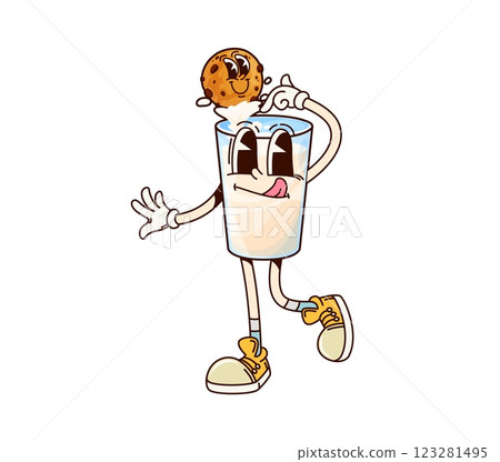 Groovy breakfast milk and cookie character. Isolated cartoon vector glass of milk holding chocolate chip cookie. Funky drink and pastry retro personages with joyful face expressions and playful vibes Groovy breakfast milk and cookie character. Isolated cartoon vector glass of milk holding chocolate chip cookie. Funky drink and pastry retro personages with joyful face expressions and playful vibes 123281495