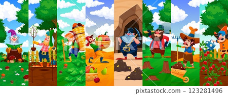 Cartoon dwarf, elf and gnome characters collage of funny miner, farmer, gardener and lumberjack vector personages. Funny fairytale gnomes characters with axe, wheelbarrow, pickaxe and watering pin 123281496
