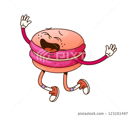 Funny groovy macaroon dessert character happily jumping with hippie vibe. Cartoon vector pink, sweet macaron retro personage. Cheerful confectionery for kids cafe menu. Cute funky french pastry bakery 123281497