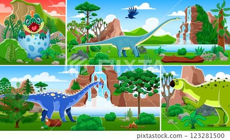 Dinosaurs collage of cartoon prehistoric lizards and funny dino characters, vector background. Jurassic era or kids paleontology park collage with prehistoric giant lizards, birds and baby dino in egg Dinosaurs collage of cartoon prehistoric lizards and funny dino characters, vector background. Jurassic era or kids paleontology park collage with prehistoric giant lizards, birds and baby dino in egg 123281500