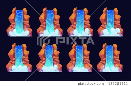 Waterfall cascade sprite sheet animation of water flow from mountain rock, vector game UI. Cartoon waterfall or water cascade of river stream falling from rock cliff for game sprite sheet animation Waterfall cascade sprite sheet animation of water flow from mountain rock, vector game UI. Cartoon waterfall or water cascade of river stream falling from rock cliff for game sprite sheet animation 123281511