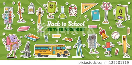 Groovy school education characters stickers pack. Retro hippie back to school stationery and supplies vector personages. Cartoon groovy book, pencils, ruler and scissors, paint, student bag and bus 123281519
