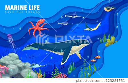 Save the ocean paper cut banner with sea animals and underwater landscape. Vector environmental conservation awareness with whale, octopus, marine creatures and coral reefs, conveys ocean protection 123281531