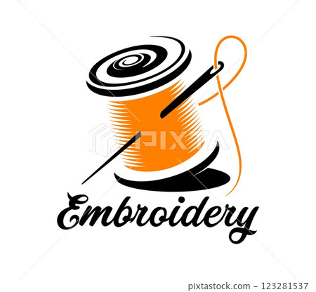 Tailor shop and embroidery icon of needle and thread for atelier, vector emblem. Tailor shop or seamstress sewing salon icon of thread spool with needle for embroidery and needlework studio sign Tailor shop and embroidery icon of needle and thread for atelier, vector emblem. Tailor shop or seamstress sewing salon icon of thread spool with needle for embroidery and needlework studio sign 123281537