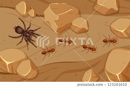 Ants and Spider in Rocky Terrain 123281610