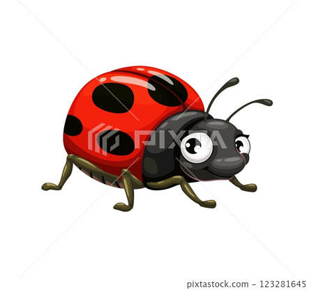 Cartoon funny ladybug insect character. Isolated vector cute and vibrant ladybird bug personage with a cheerful expression, shiny red shell featuring black spots, expressive eyes, and playful antennae Cartoon funny ladybug insect character. Isolated vector cute and vibrant ladybird bug personage with a cheerful expression, shiny red shell featuring black spots, expressive eyes, and playful antennae 123281645