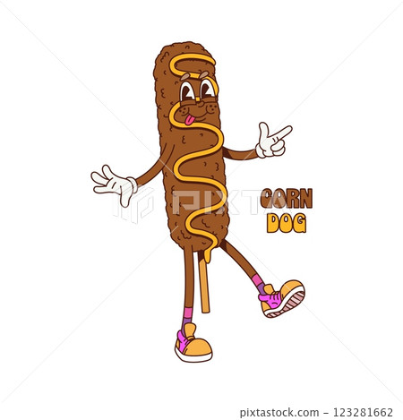 Cartoon groovy corndog Korean cuisine food character. Vector funny hotdog or corn dog, street junk food retro personage flashing finger gun gesture. Take away meal with sausage on stick and funky vibe Cartoon groovy corndog Korean cuisine food character. Vector funny hotdog or corn dog, street junk food retro personage flashing finger gun gesture. Take away meal with sausage on stick and funky vibe 123281662