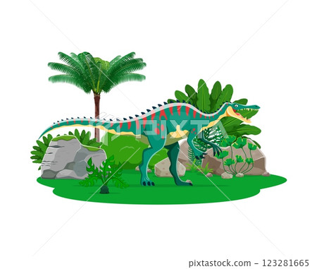Extinct Suchomimus dinosaur cartoon character. Extinct reptile, prehistoric animal or paleontology lizard comical isolated vector character. Jurassic era dinosaur cheerful personage or happy mascot Extinct Suchomimus dinosaur cartoon character. Extinct reptile, prehistoric animal or paleontology lizard comical isolated vector character. Jurassic era dinosaur cheerful personage or happy mascot 123281665