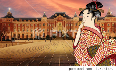 Tokyo Station and a woman in a kimono Tokyo Station and a woman in a kimono 123281729