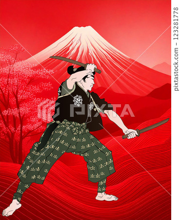 紅色富士山和宮本武藏 紅色富士山和宮本武藏 123281778