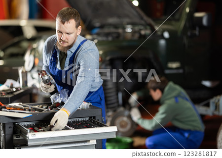Portrait of car mechanic in overalls working in garage of car repair shop Portrait of car mechanic in overalls working in garage of car repair shop 123281817