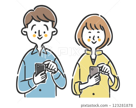 Couple operating a smartphone, upper body, vector Couple operating a smartphone, upper body, vector 123281878