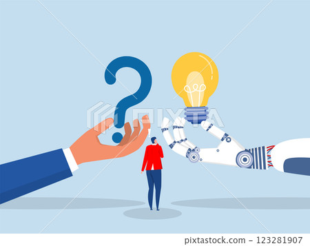 Artificial intelligence AI  to help concept, human hand with question mark and AI answer.technology AI to help solve problem vector 123281907