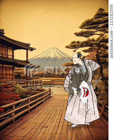 Samurai spreading a folding fan 123282509
