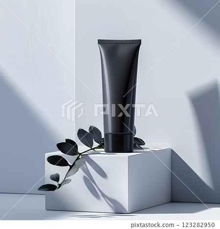 Black lotion tube on white cube. Transparent materials 123282950