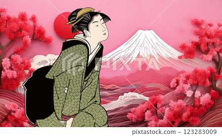 Mount Fuji and a sitting woman in a Japanese dress Mount Fuji and a sitting woman in a Japanese dress 123283009