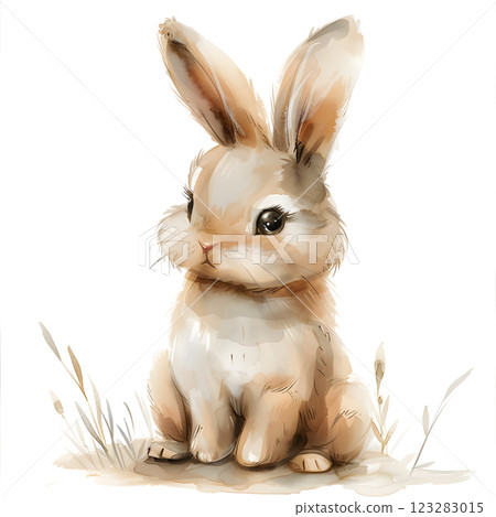 Domestic rabbit with brown and white fur sits among grass on white background Domestic rabbit with brown and white fur sits among grass on white background 123283015