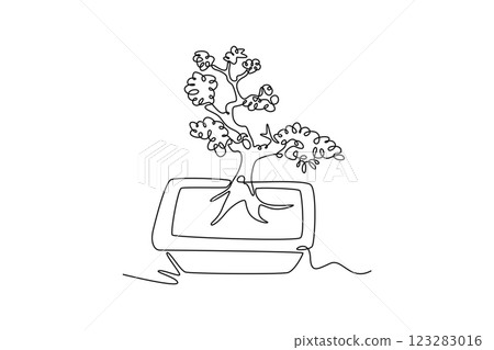 Continuous one line drawing of beauty and old exotic bonsai tree for home decor wall art poster print. Decorative bonsai plant for plant shop logo. Single line draw design vector graphic illustration 123283016
