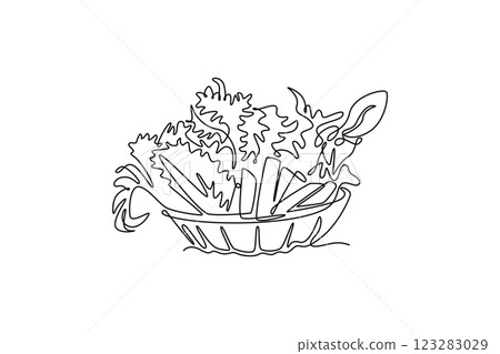 Single one line drawing wicker basket with full of raw vegetables for harvest logo icon. Balance of food ingredients for healthy cooking. Modern continuous line draw design graphic vector illustration 123283029