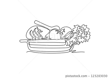 Single one line drawing of wicker basket with full of raw vegetables for kitchen logo icon. Healthy food for diet program or vegan life. Modern continuous line draw design graphic vector illustration 123283030