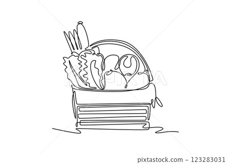 Single one line drawing wicker basket with full of organic vegetables for harvest or groceries logo. Healthy food contain vitamin for body fit. Continuous line draw design graphic vector illustration 123283031