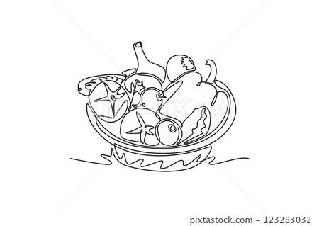Single one line drawing wicker basket full of fresh vegetables, fruit, milk, bread for groceries logo icon. Daily healthy food concept. Modern continuous line draw design graphic vector illustration 123283032
