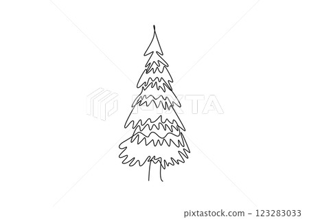 Single one line drawing of beauty and exotic pine tree. Decorative pinus for greeting post card template. Beauty place holiday vacation. Modern continuous line draw design graphic vector illustration 123283033