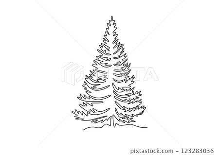 Single one line drawing beauty and exotic pine tree logo. Decorative pinus for greeting post card. Beauty place holiday vacation concept. Modern continuous line draw design graphic vector illustration 123283036