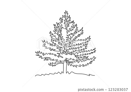 Continuous one line drawing beauty and exotic pine tree for home art wall decor. Decorative pinus plant for national park logo. Tourism travel icon. Single line draw design vector graphic illustration 123283037