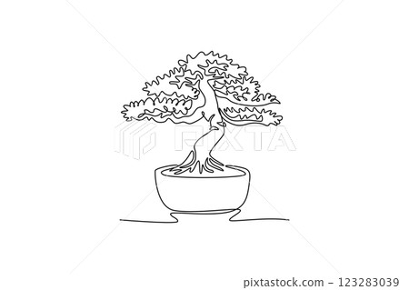 Continuous one line drawing old beauty and charming exotic tiny bonsai tree logo. Decorative potted bend plant for greeting post card plant edition. Single line draw design vector graphic illustration 123283039