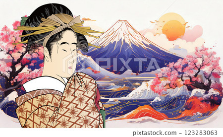 Mount Fuji and a woman in Japanese clothing 123283063