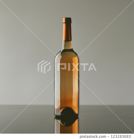 An amber glass bottle of liquid sitting on a wood table 123283083