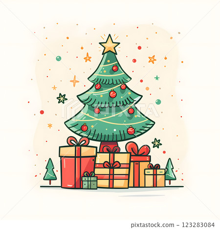 Holiday ornament of Christmas tree with gifts under it on a white background Holiday ornament of Christmas tree with gifts under it on a white background 123283084