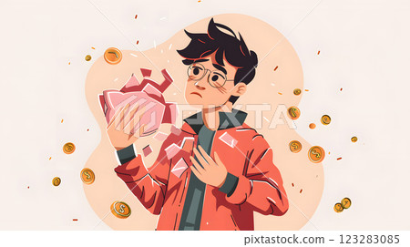 Cartoon character in red jacket holding box of money 123283085
