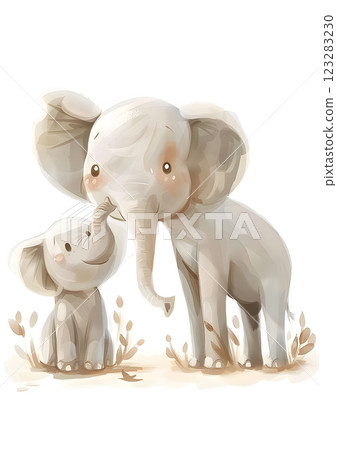 Cute Baby Elephant with Parent in Gentle Pastel Illustration 123283230