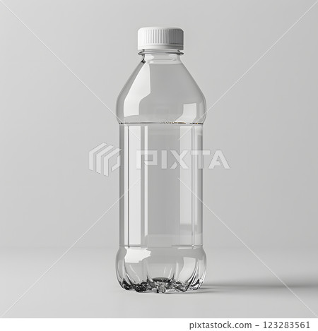 A clear plastic cylinder bottle with a white cap on a plain white background 123283561