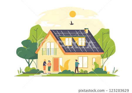 Eco-Friendly House with Solar Panels and Happy Family 123283629