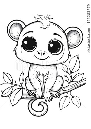 A cartoon mammal organism, with a happy gesture, sitting on a tree branch 123283779