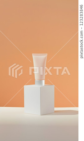 Minimalist Beauty Product on White Cube and Peach Background Minimalist Beauty Product on White Cube and Peach Background 123283846