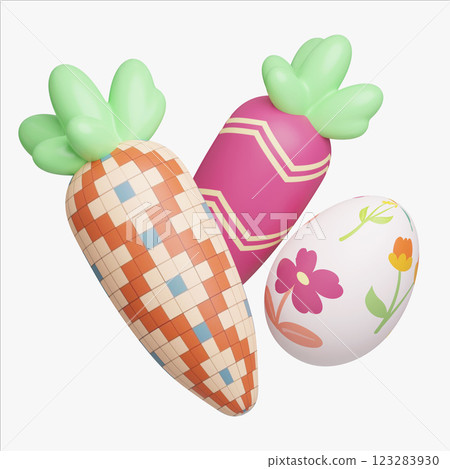 Easter Carrot and Egg Duo Decoration, Easter Egg icons. 3D Illustration Easter festive. Easter Carrot and Egg Duo Decoration, Easter Egg icons. 3D Illustration Easter festive. 123283930