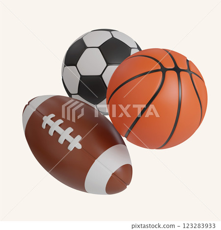 soccer ball, basketball, rugby icons. minimal 3D Illustration School Education. 123283933