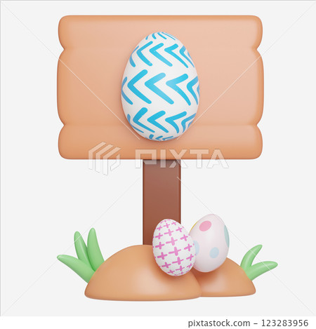 Easter Egg Display on Board sign with Spring Flowers, Easter Egg icons. 3D Illustration Easter festive. Easter Egg Display on Board sign with Spring Flowers, Easter Egg icons. 3D Illustration Easter festive. 123283956