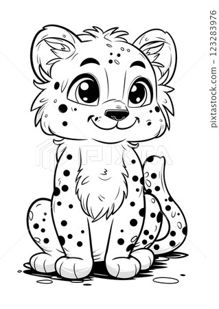 Cute cartoon cheetah cub with big eyes and playful gesture 123283976