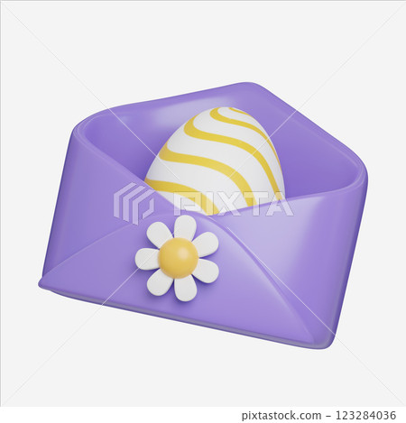 Easter Egg in Purple Envelope with Daisy, Easter Egg icons. 3D Illustration Easter festive. 123284036