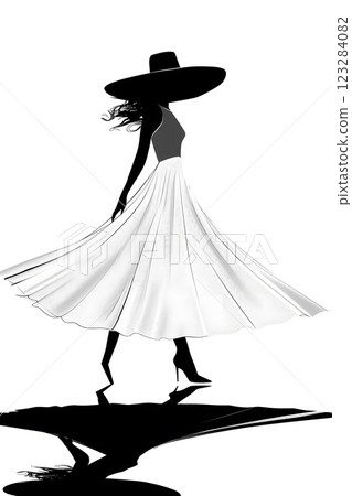 Liquid art in blackandwhite silhouette of a happy woman in white dress and hat 123284082