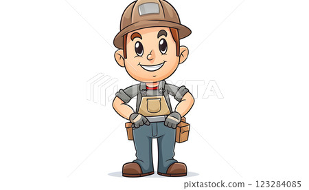 Cartoon illustration of armwaving construction worker in overalls and hard hat 123284085