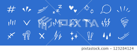 Line movement comic element, cartoon emotion mark effect decoration icon. Hand drawn cute doodle line element arrow, emphasis, shock, sparkle. Anime movement, express shape. Vector illustration 123284124